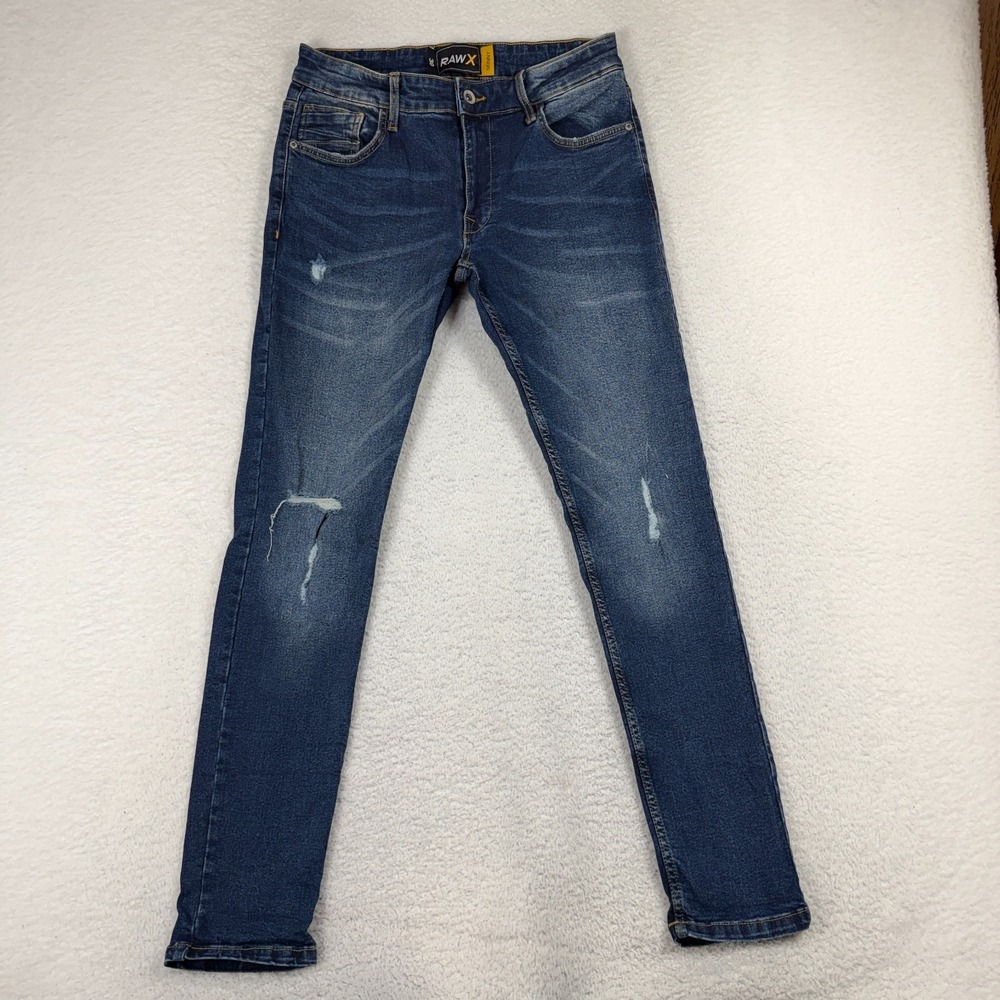 Raw X Jeans Mens Blue Skinny 30 (30x30) Biker Y2K Stretch Distressed Med Wash